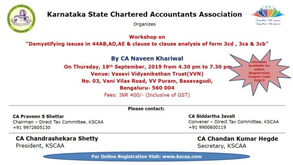 Workshop on “Demystifying issues in 44AB,AD,AE & clause to clause analysis of form 3cd , 3ca & 3cb”|19/09/2019